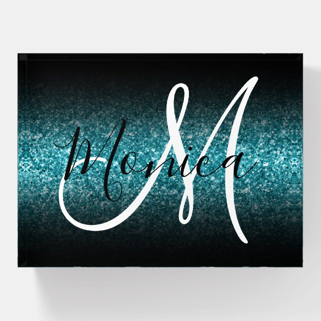 Elegant Black Ombre Faux Teal Glitter Monogram Paperweight (Front)