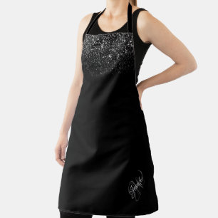 Elegant Black Ombre Glitter Script Name Monogram Apron