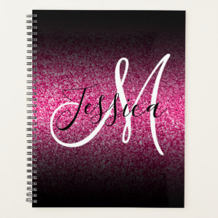 Elegant Black Ombre Hot Pink Glitter Monogram Planner