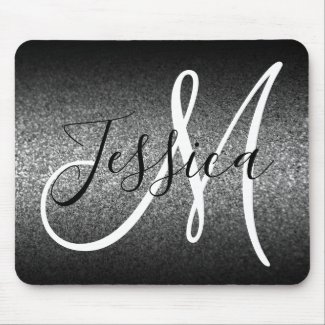 Elegant Black Ombre Silver Faux Glitter Monogram Mouse Pad