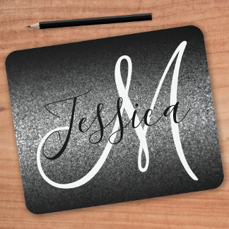 Elegant Black Ombre Silver Faux Glitter Monogram Mouse Pad