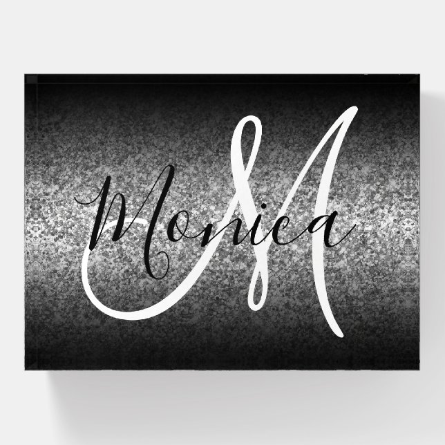 Elegant Black Ombre Silver Faux Glitter Monogram Paperweight (Front)