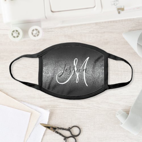 Elegant Black Ombre Silver Glitter Monogram Face Mask