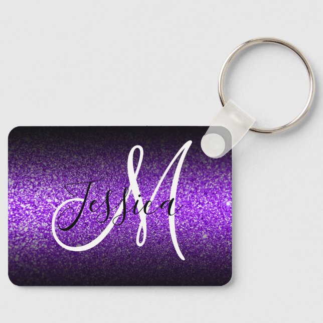 Elegant Black Ombre Violet Faux Glitter Monogram Keychain (Front)
