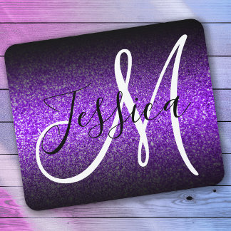 Elegant Black Ombre Violet Glitter Monogram Mouse Pad
