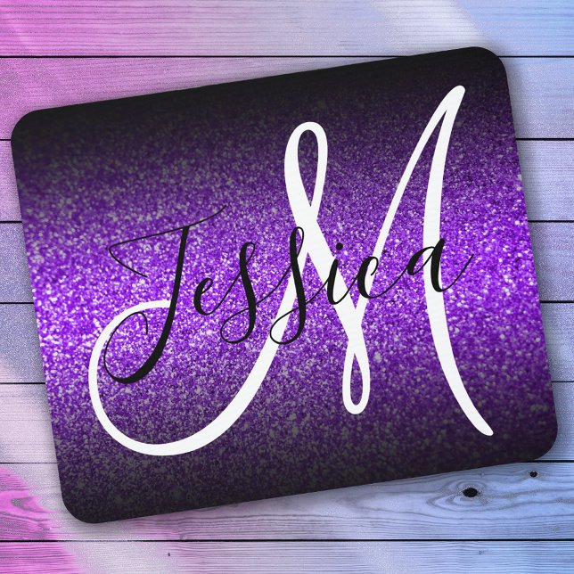 Elegant Black Ombre Violet Glitter Monogram Mouse Pad (Creator Uploaded)