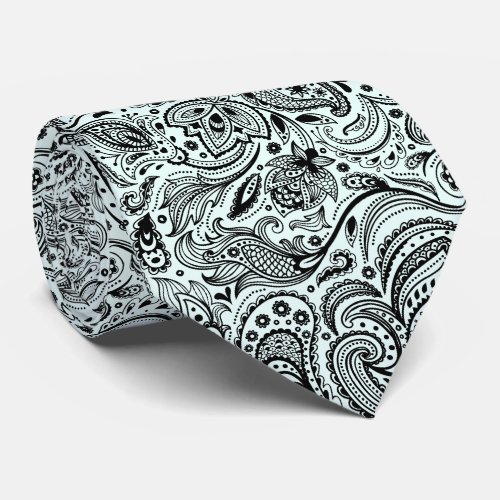 Elegant Black On Light Blue Floral Paisley Pattern Neck Tie