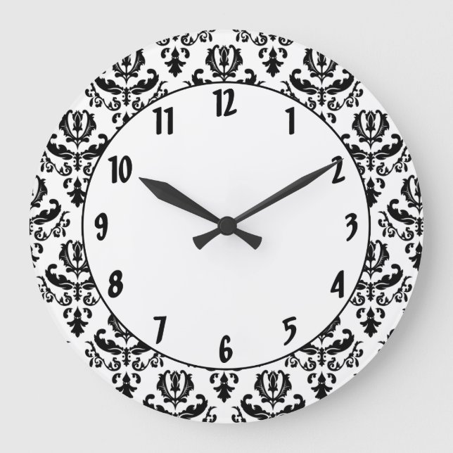 Elegant Black on White Damask Large Clock (Front)