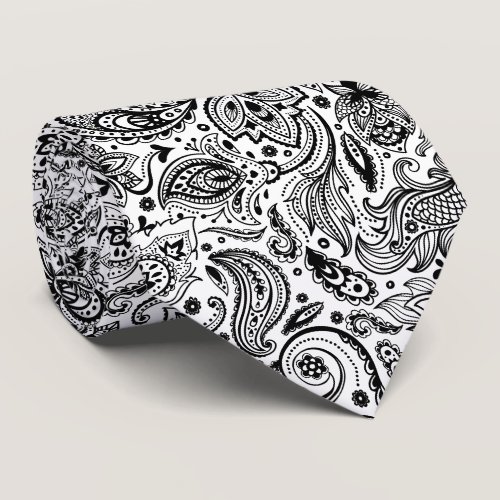 Elegant Black On White Floral Paisley Pattern Neck Tie