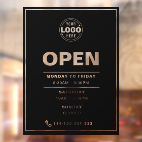 Elegant Black Opening Times with Logo Window Cling