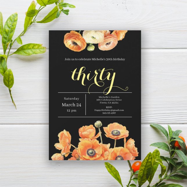 Elegant Black Orange Floral 30th Birthday Party Invitation (Creator Uploaded)