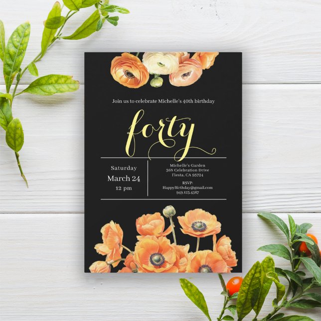 Elegant Black Orange Floral 40th Birthday Party Invitation (Creator Uploaded)