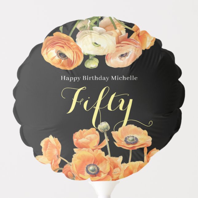 Elegant Black Orange Floral 50th Birthday Party Balloon (Front)