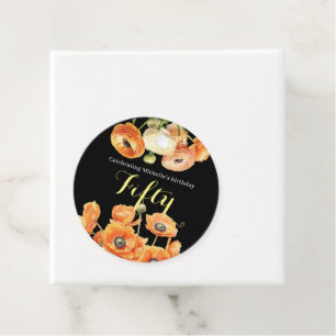 Elegant Black Orange Floral 50th Birthday Party Favor Tags