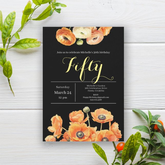 Elegant Black Orange Floral 50th Birthday Party Invitation (Creator Uploaded)