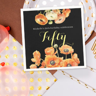 Elegant Black Orange Floral 50th Birthday Party Napkins