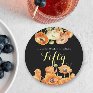 Elegant Black Orange Floral 50th Birthday Party Round Paper Coaster