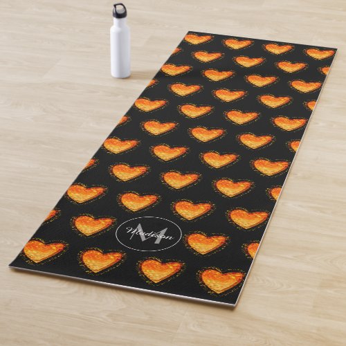 Elegant Black Orange Heart pattern Monogram Yoga Mat