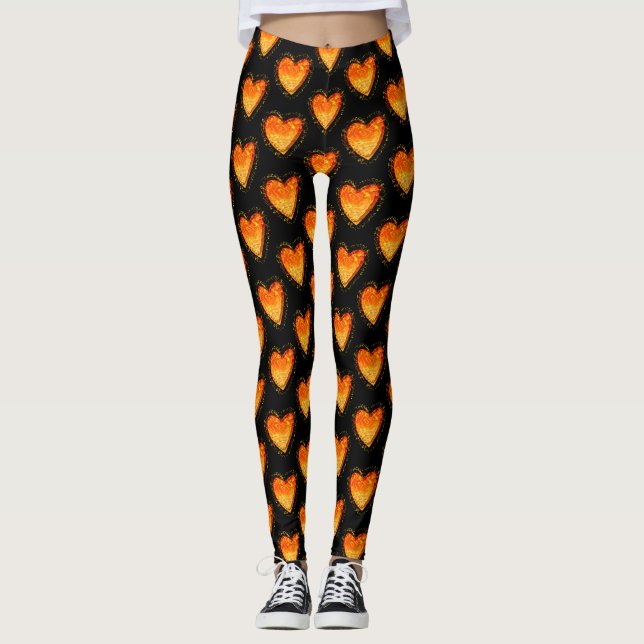 Elegant Black Orange Heart Valentines pattern Leggings (Front)