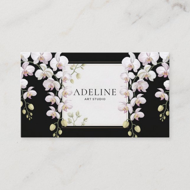 Elegant Black Orchid Cascade Gold Frame Modern Business Card (Front)