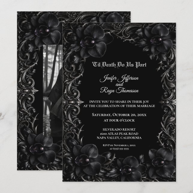 Elegant black Orchid Gothic wedding Invitation (Front/Back)