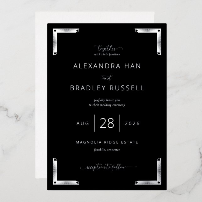 Elegant Black Ornamental Borders Foil Invitation (Front/Back)