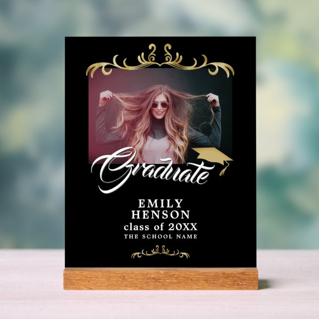 Elegant Black Ornaments Grad Graduation Photo Acrylic Sign (Neutral)
