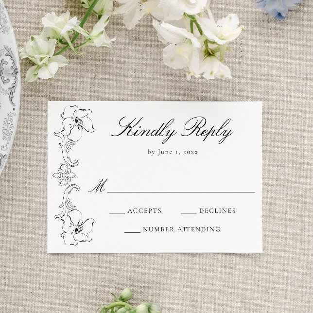 Elegant Black Ornate Floral Frame Wedding RSVP Card (Creator Uploaded)