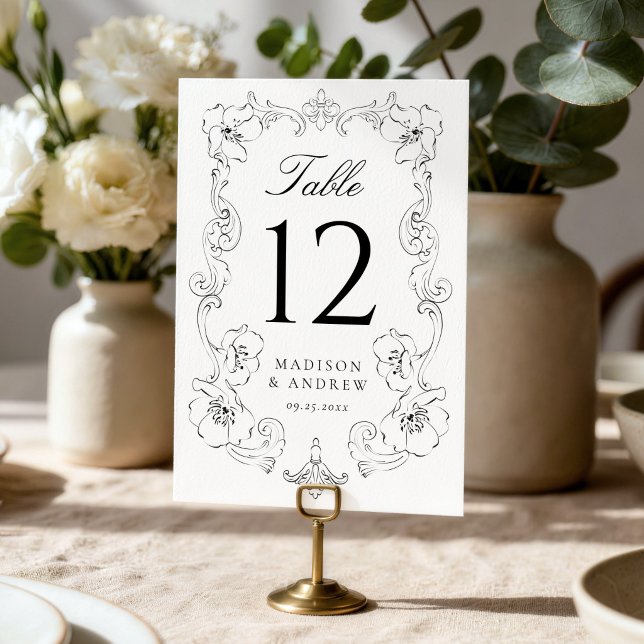 Elegant Black Ornate Floral Frame Wedding Table Number (Creator Uploaded)