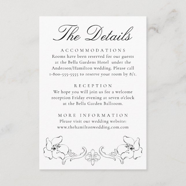 Elegant Black Ornate Floral Wedding Details Enclosure Card (Front)