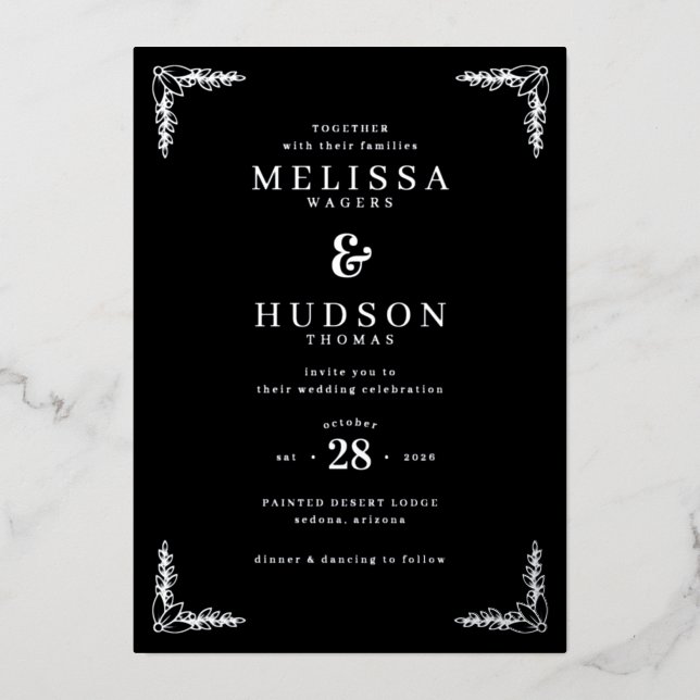 Elegant Black Ornate Flourishes Foil Invitation (Front)