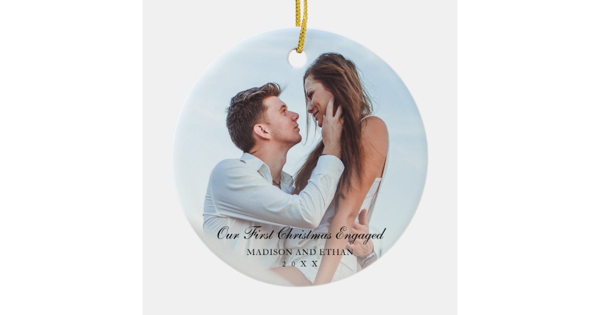 Elegant Black Our First Christmas Engaged Photo Ceramic Ornament | Zazzle
