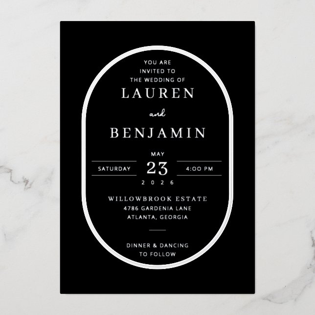 Elegant Black Oval Wedding Invitation Foil Invitation (Front)