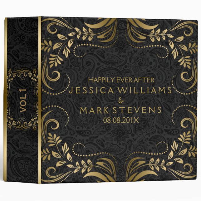 Elegant Black Paisley And Gold Floral Frame Binder (Front/Spine)
