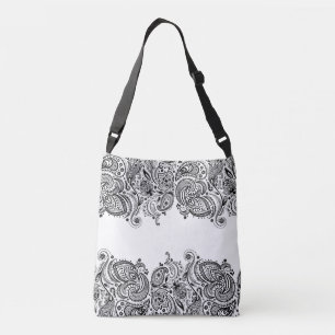 Elegant Black Paisley Lace White Background Crossbody Bag