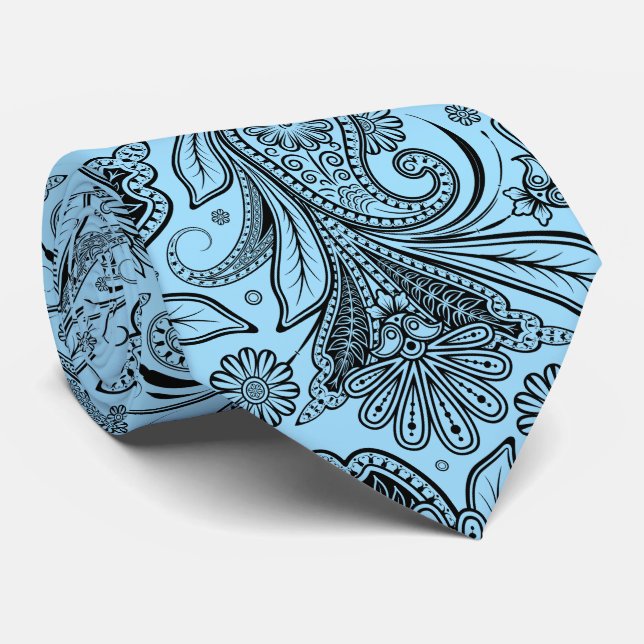 Elegant Black Paisley On Blue Background Neck Tie (Rolled)