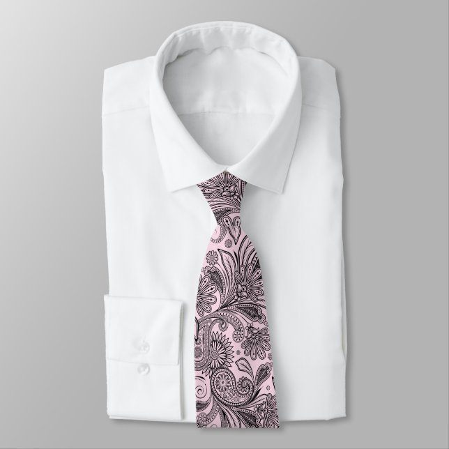 Elegant Black Paisley On Light Pink Background Neck Tie (Tied)