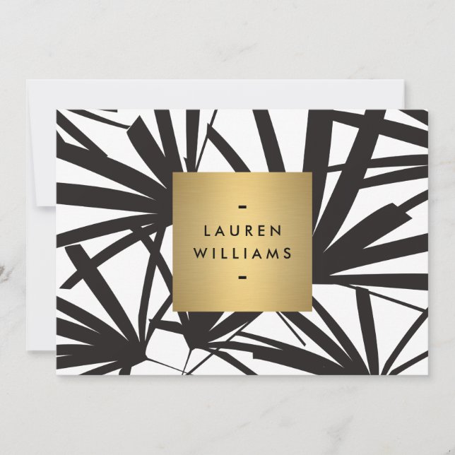Elegant Black Palm Fronds with Gold Name Notecard (Front)