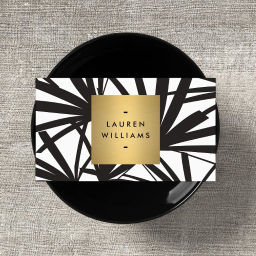 Customizable Elegant Black Palm Fronds with Gold Nameplate Logo Business Cards