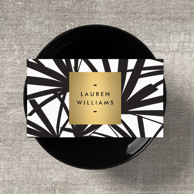 Elegant Black Palm Fronds with Gold Nameplate Logo Business Card