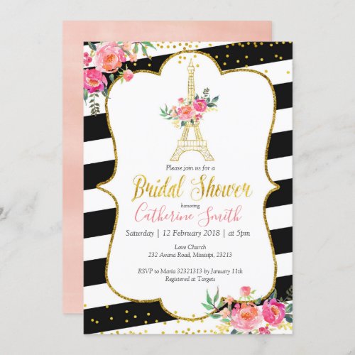 Elegant Black Paris Floral Romantic Bridal Shower Invitation