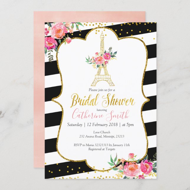 Elegant Black Paris Floral Romantic Bridal Shower Invitation (Front/Back)