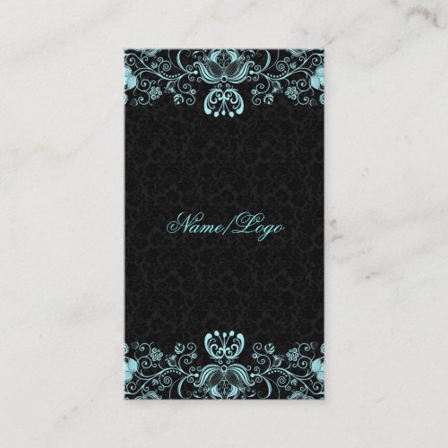 Elegant Black &amp; Pastel Blue Floral Swirls Business Card