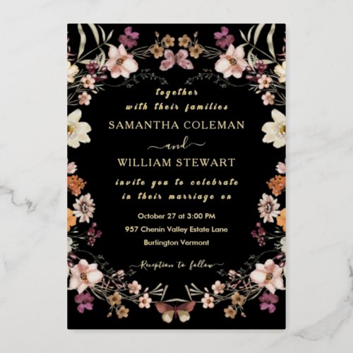 Elegant Black Pastel Boho Wildflower Chic Wedding Foil Invitation