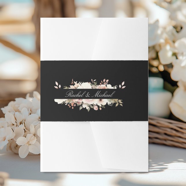 Elegant, black, pastel, flower bouquet invitation belly band (Elegant, white, pastel, flower bouquet invitation belly band with your name.)