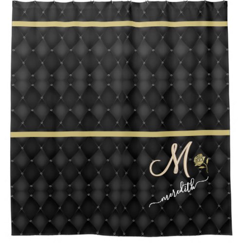 Elegant Black Pattern Gold Band Custom Monogram  Shower Curtain