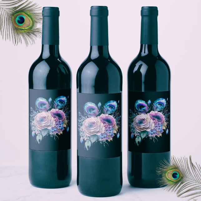 Elegant Black Peacock Floral  Wine Label (Creator Uploaded)