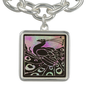 ELEGANT BLACK PEACOCK IN PURPLE BLUE SPARKLES CHARM BRACELET