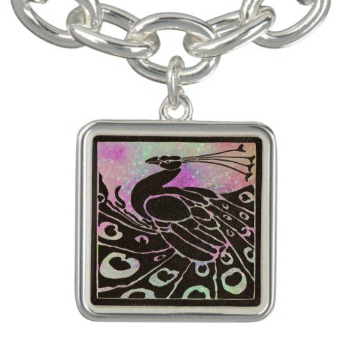 ELEGANT BLACK PEACOCK IN PURPLE BLUE SPARKLES CHARM BRACELET