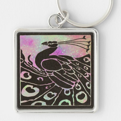 ELEGANT BLACK PEACOCK IN PURPLE BLUE SPARKLES KEYCHAIN